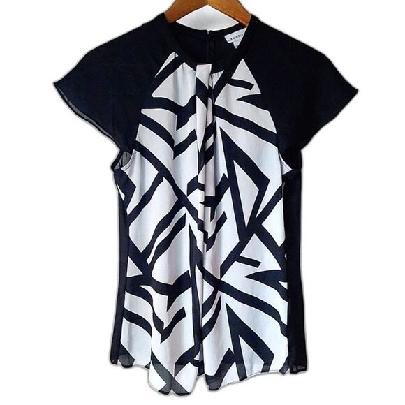 Liz Claiborne Art Deco Black & White Geometric Blouse Cap Sleeve Top Sz S - Picture 6 of 9
